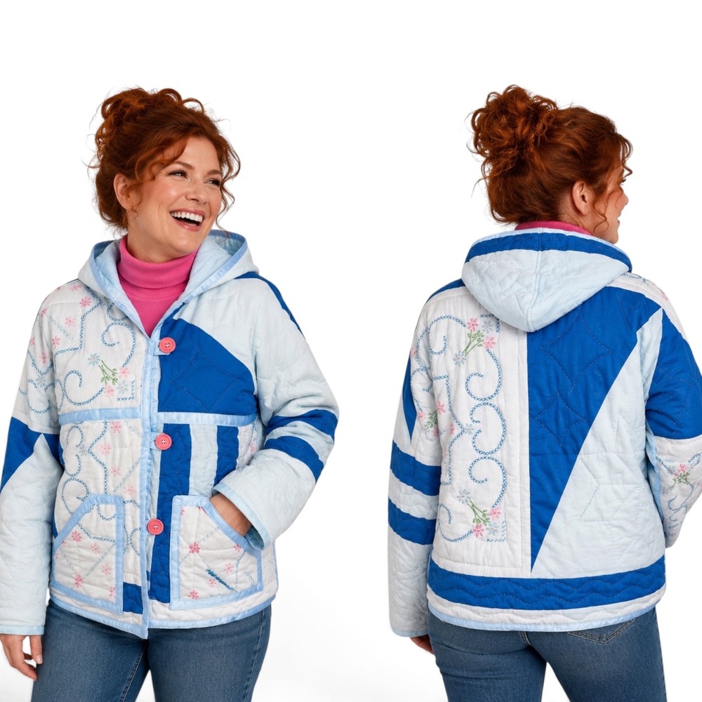 Handmade Quilted Hooded Bog Jacket Blue White Floral Embroidery 3 Button Large